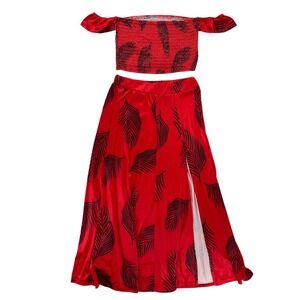 2 Piece Crop Top Maxi Skirt Set Red Black Palm Leaf Tropical Boho Resortwear